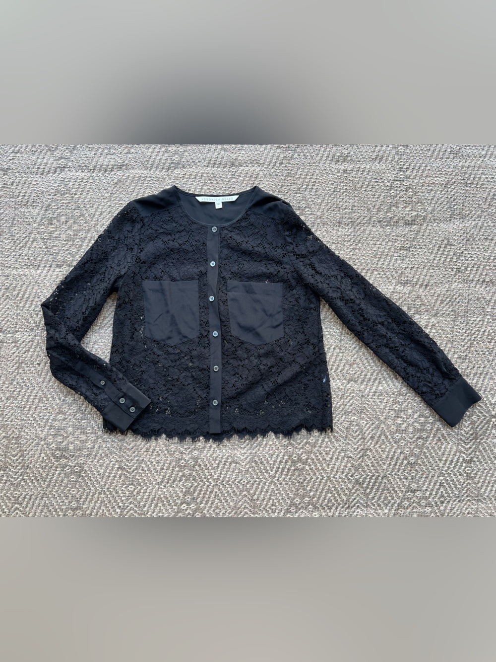 Veronica Beard Black Lace Button Down Blouse Collarless Womens Size 2